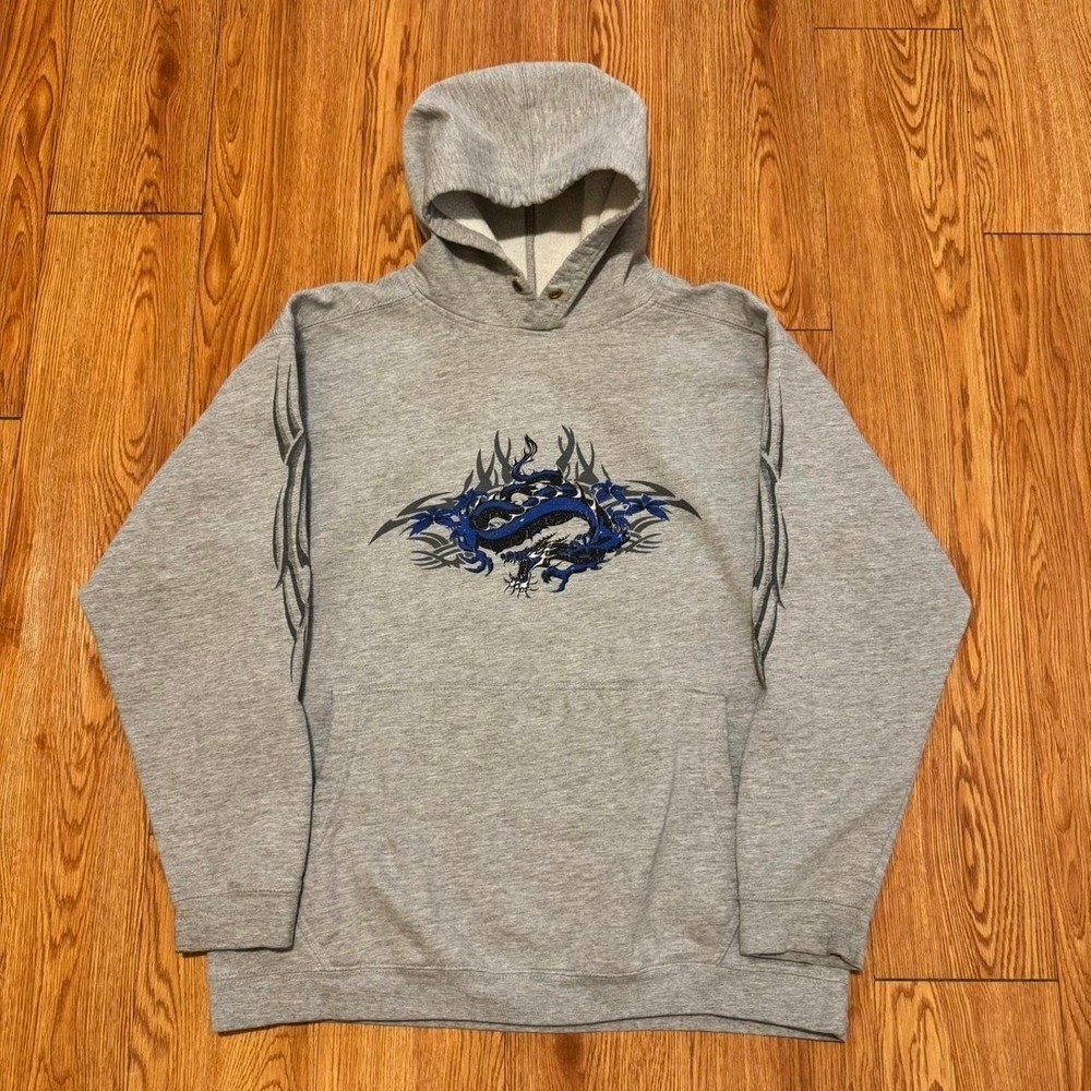 Rue21 Men's Hoodie Dragon Y2K Tribal Skater Baggy Sleeve Grunge Gray Size Small